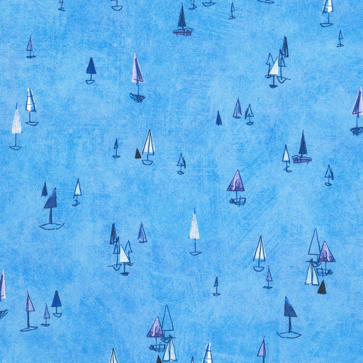 Shoreline Sailboats Water fabric by Robert Kaufman, showcasing water-colored sailboat patterns, perfect for coastal projects.