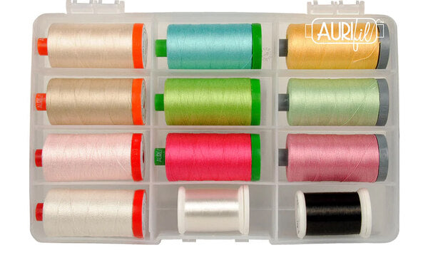 Karen Miller's Subtle Sampler Thread Set from Aurifil threads showing the samples of the threads in the box